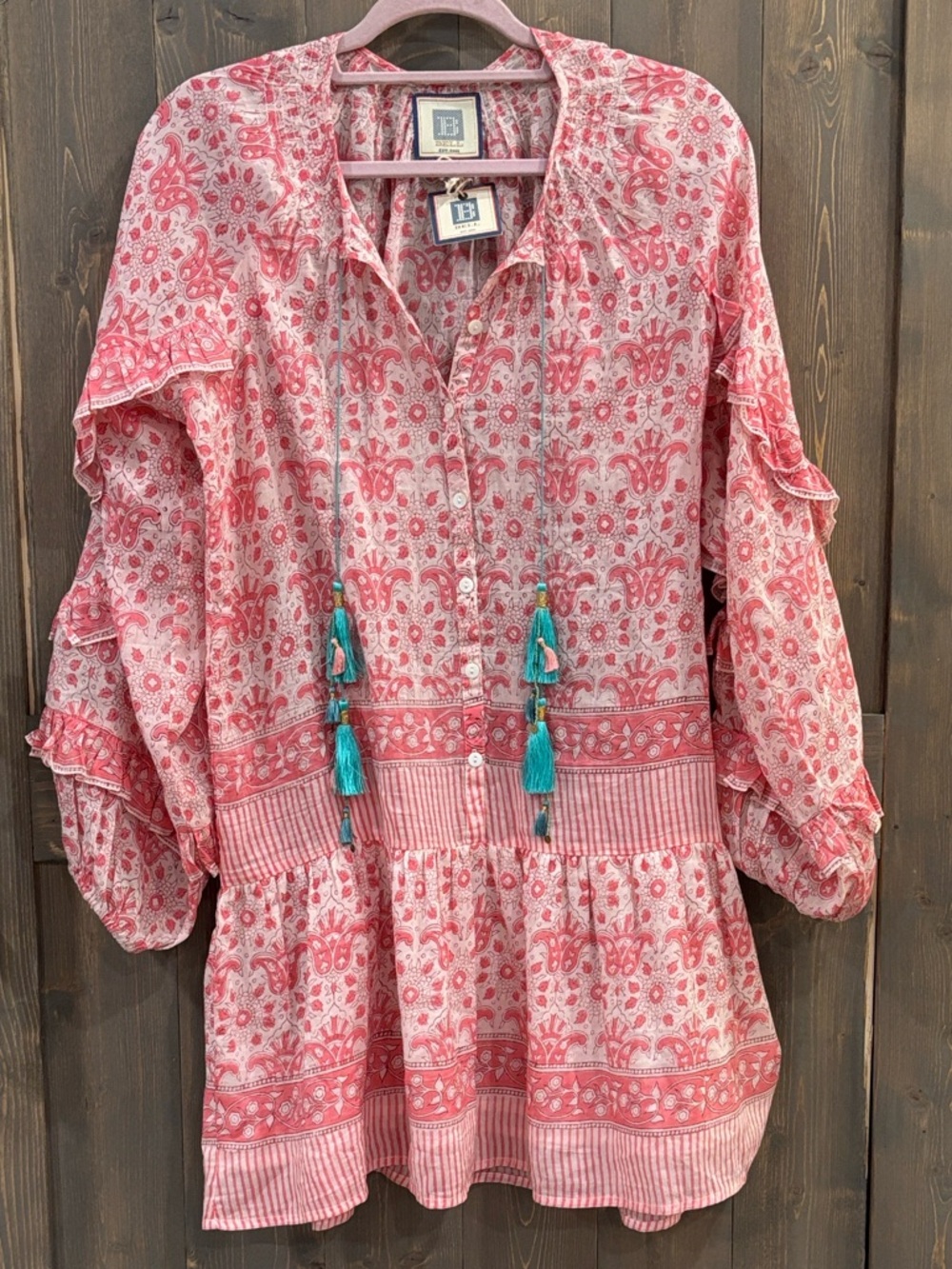Bell by Alicia Bell Pink Floral Tiered Dress with Tassel Tie Neck